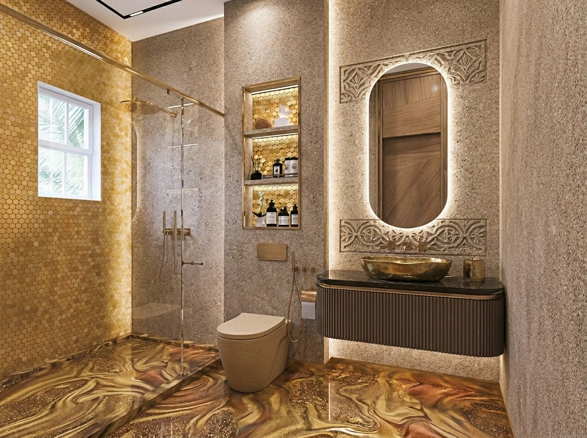 Microcement bathroom with continuous wall and floor finish