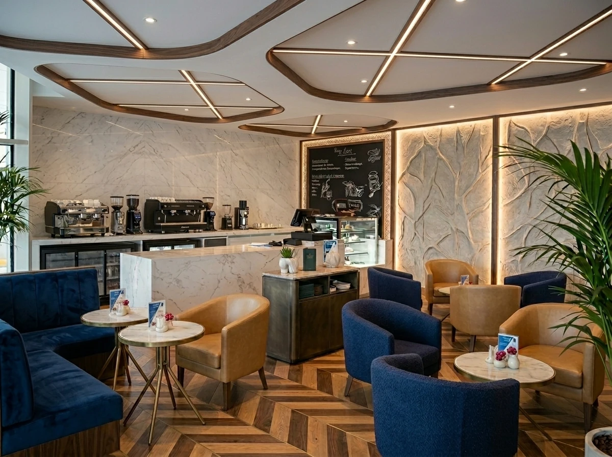 Cafe interior with warm textured wall finishes