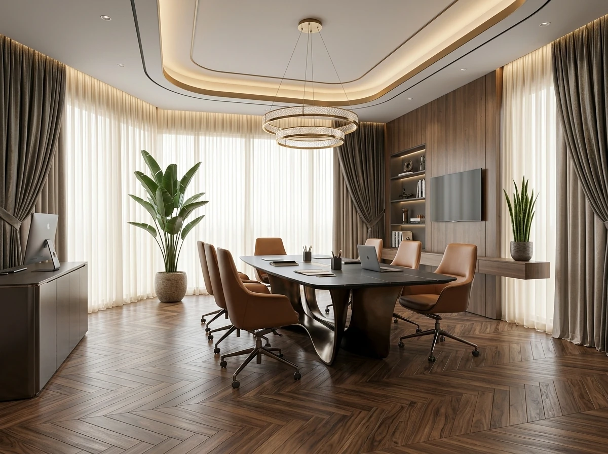 Office interior with calm mineral decorative wall finish
