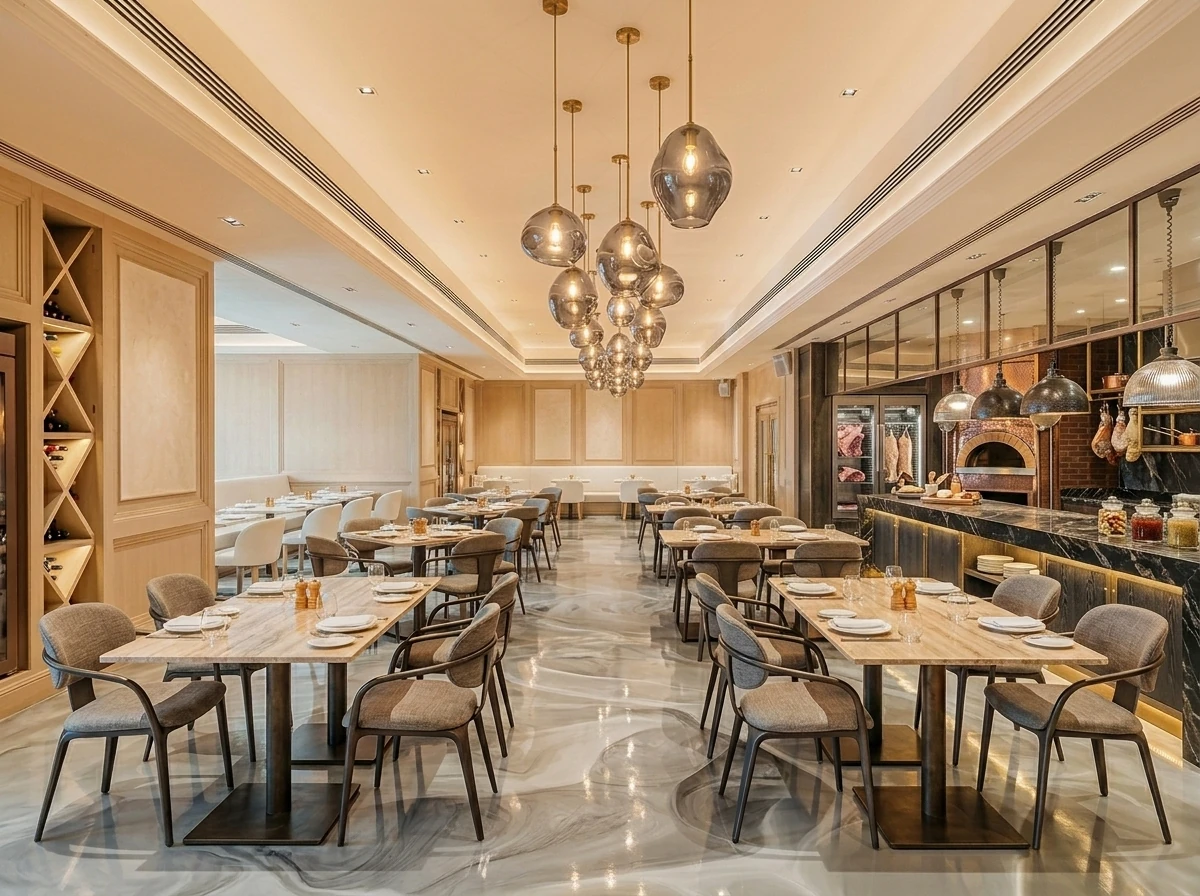 Restaurant interior with durable decorative finishes