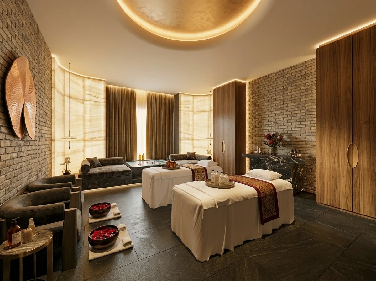 Spa wellness space with soft mineral plaster finish