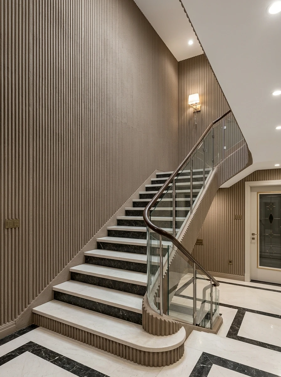 Fluted Finish — Ribbed wall relief — shadow, rhythm, depth.