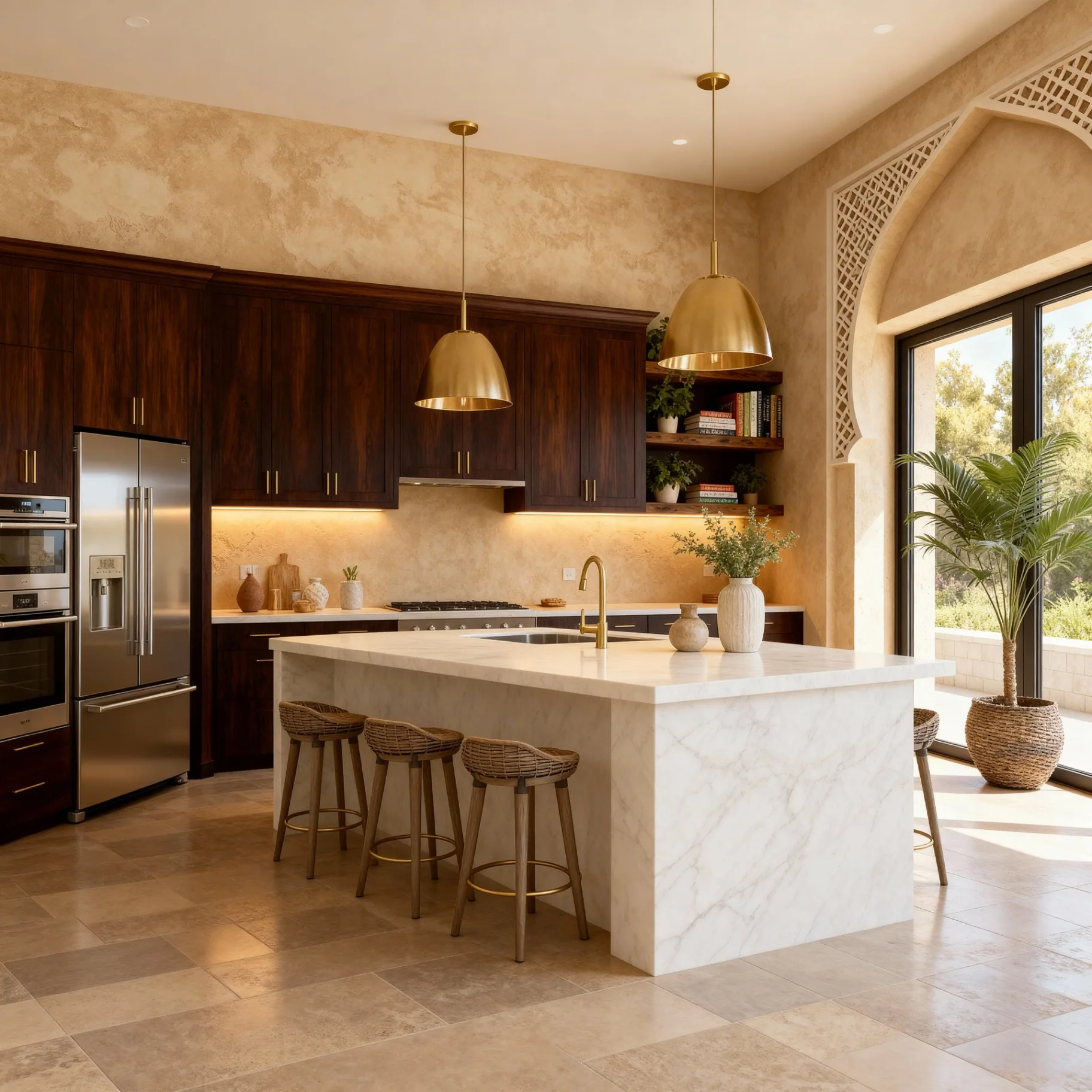 Kitchen interior with decorative marmorino wall finish