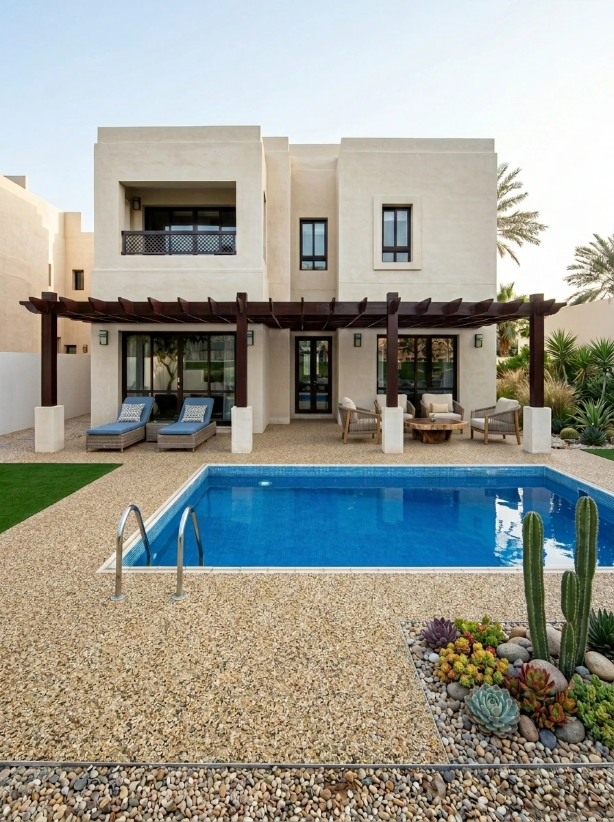 Resin bound pool deck around a villa swimming pool