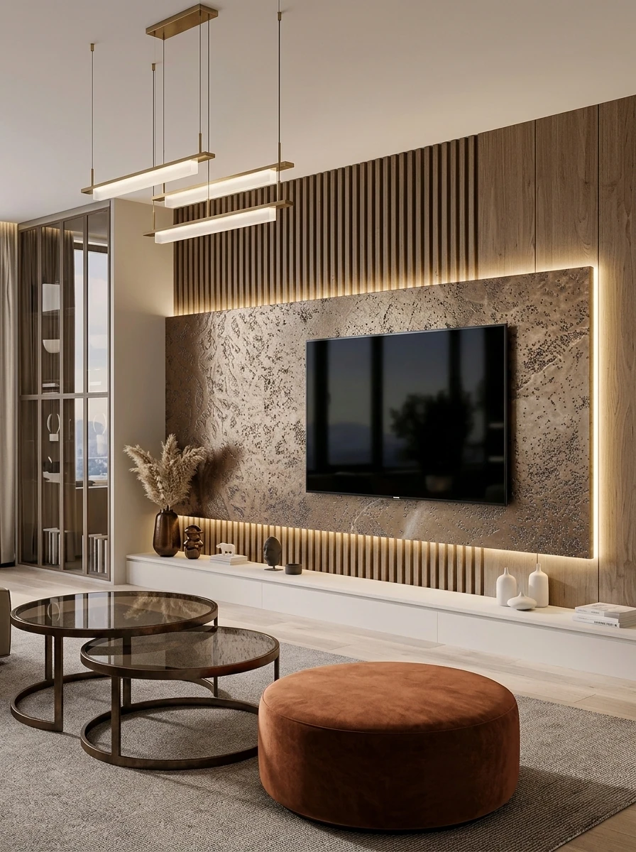 Metallic Wall Finish — Brushed metallic walls — controlled shimmer.