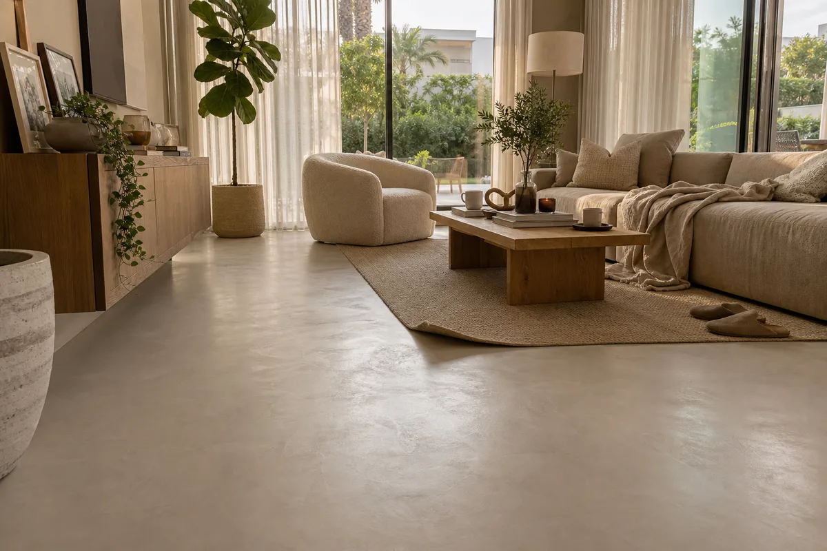 Pearl Mist microcement sample — Seamless living floor