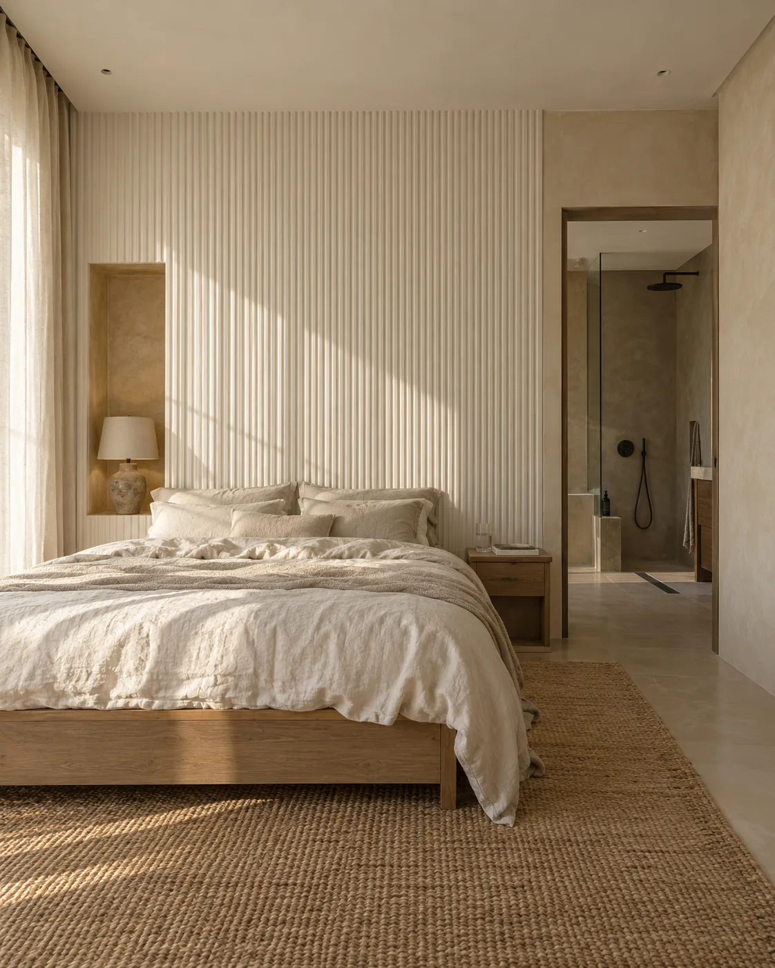 Close-up of a hand-applied fluted plaster finish with soft shadows between raised bands.
