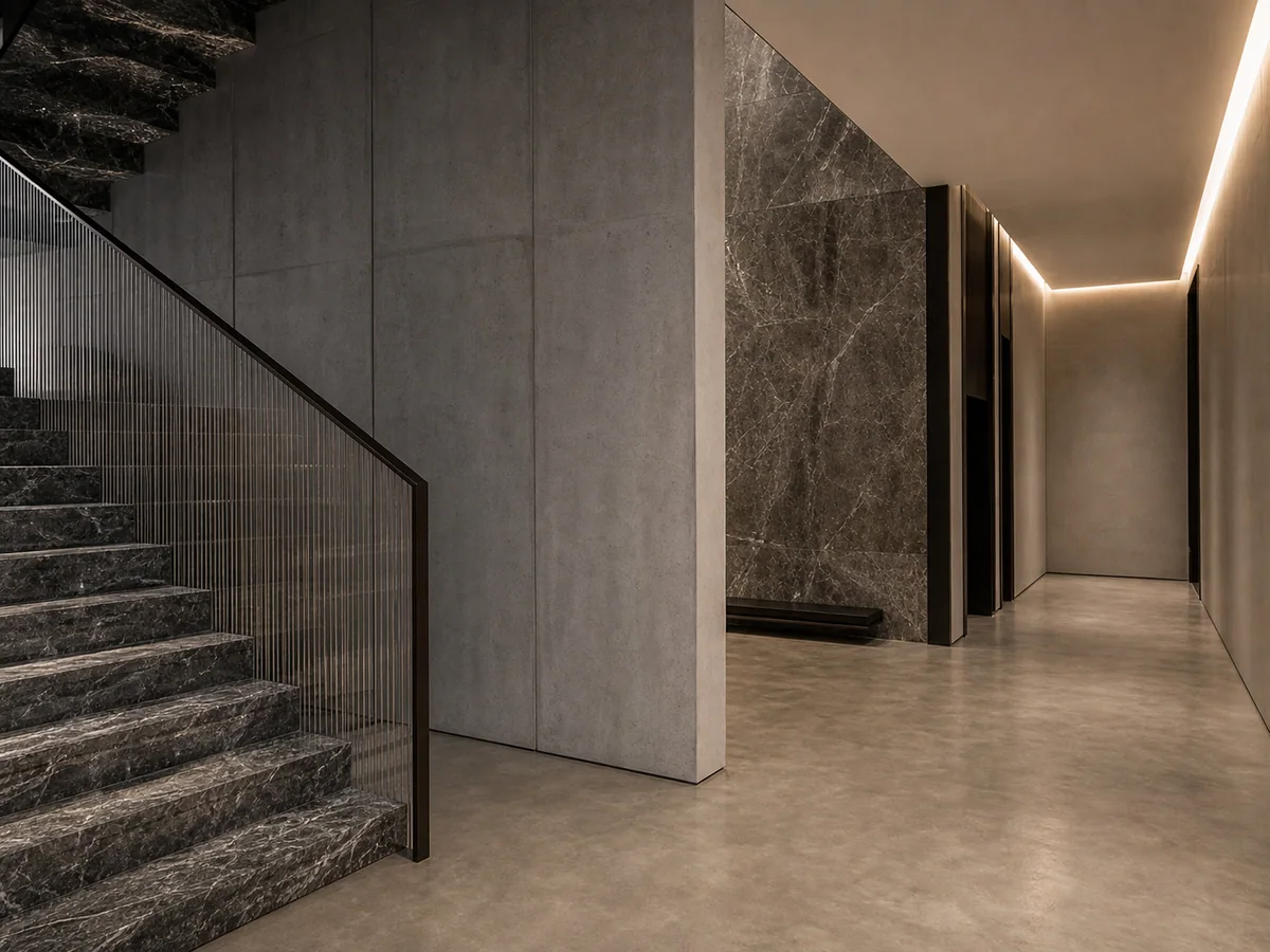 A warm-grey microcement floor in a contemporary Dubai interior with dark stone stairs, timber wall panels and restrained recessed ceiling lighting.