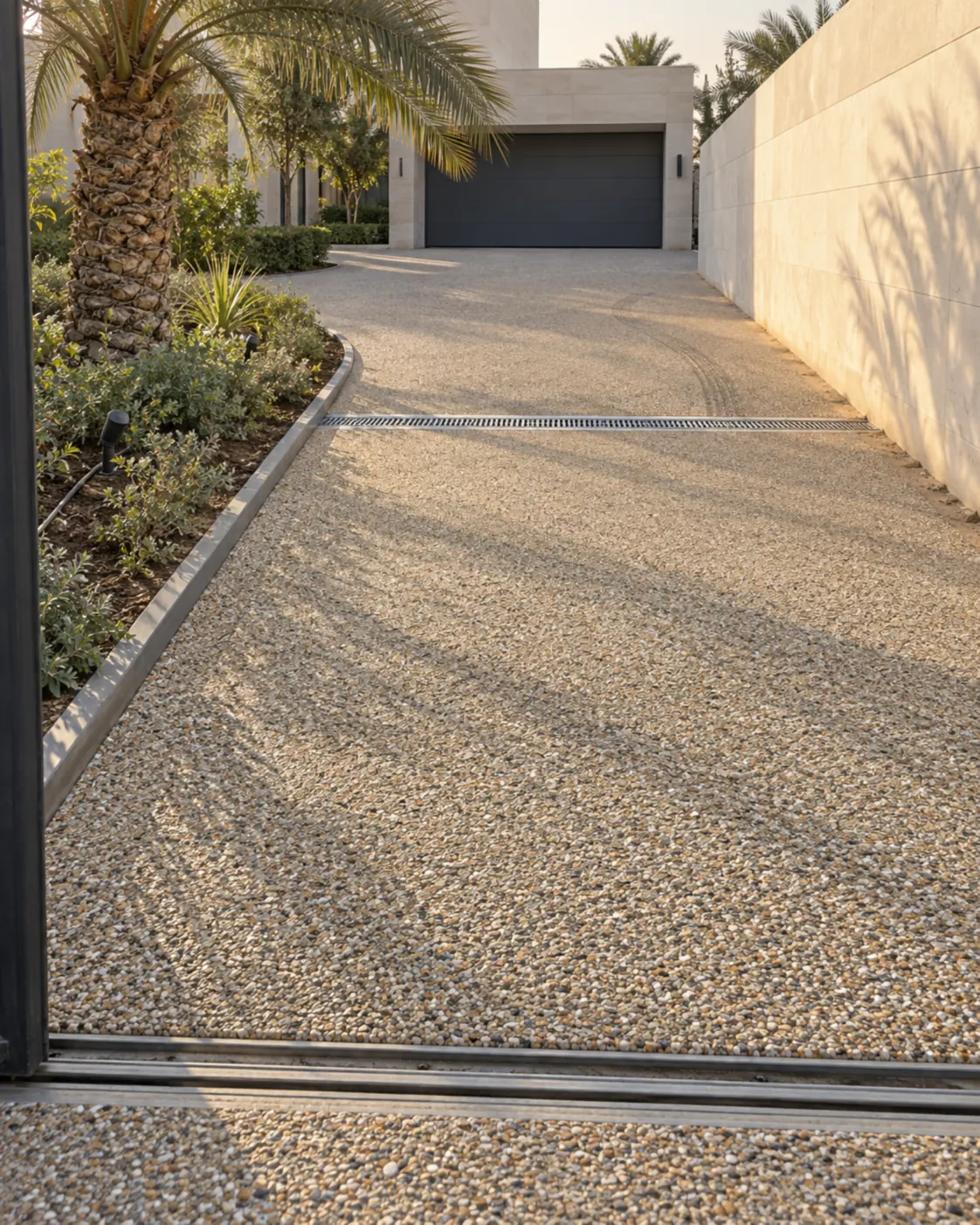 Close-up of a resin-bound aggregate surface with mixed natural stones.