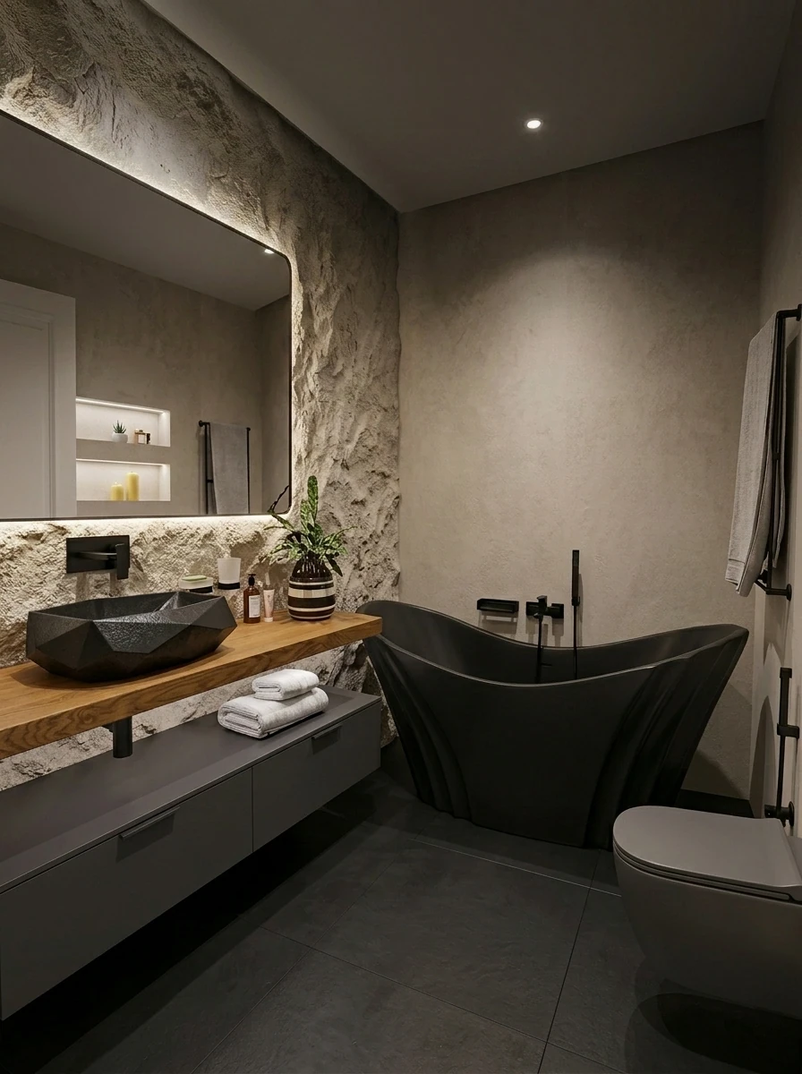 Stone Finish — Carved stone read — rugged, dry, architectural.